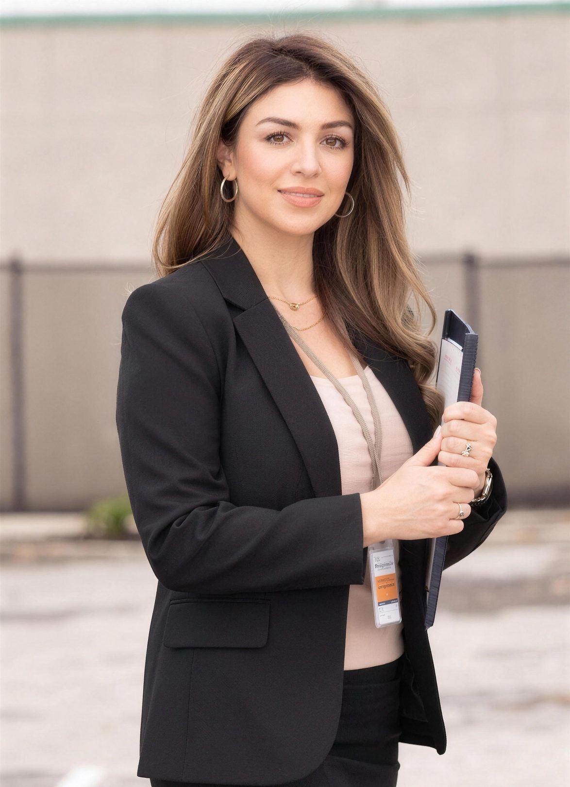 Gabby Lucero outside a detention center, wearing a visitor badge and carrying her file